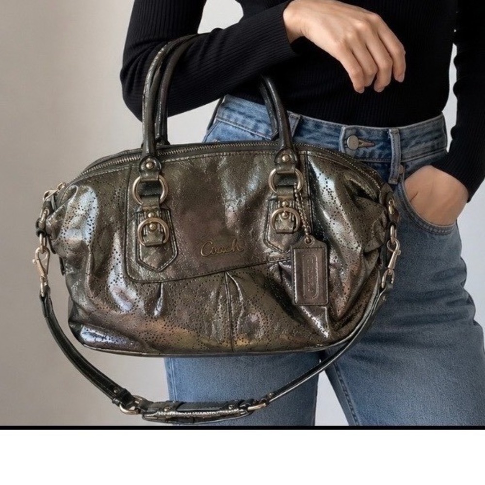 Coach Ashley Metallic Pewter Leather Satchel Crossbody Bag F17130